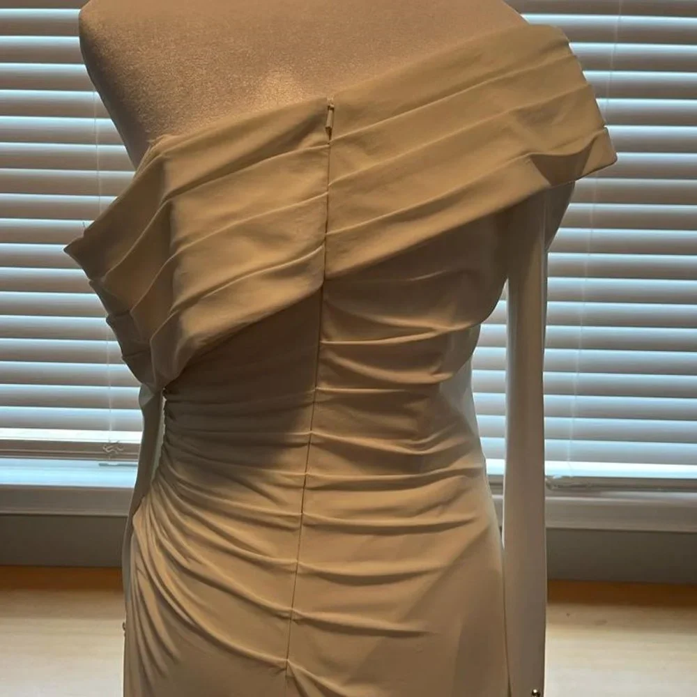 Ieena for Mac Duggal Long Beaded Sleeve Asymmetrical One Shoulder Midi Dress - Picture 3 of 11